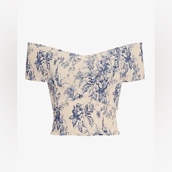 Express FLORAL SMOCKED OFF THE SHOULDER WRAP CROPPED TOP XS - Picture 4 of 4